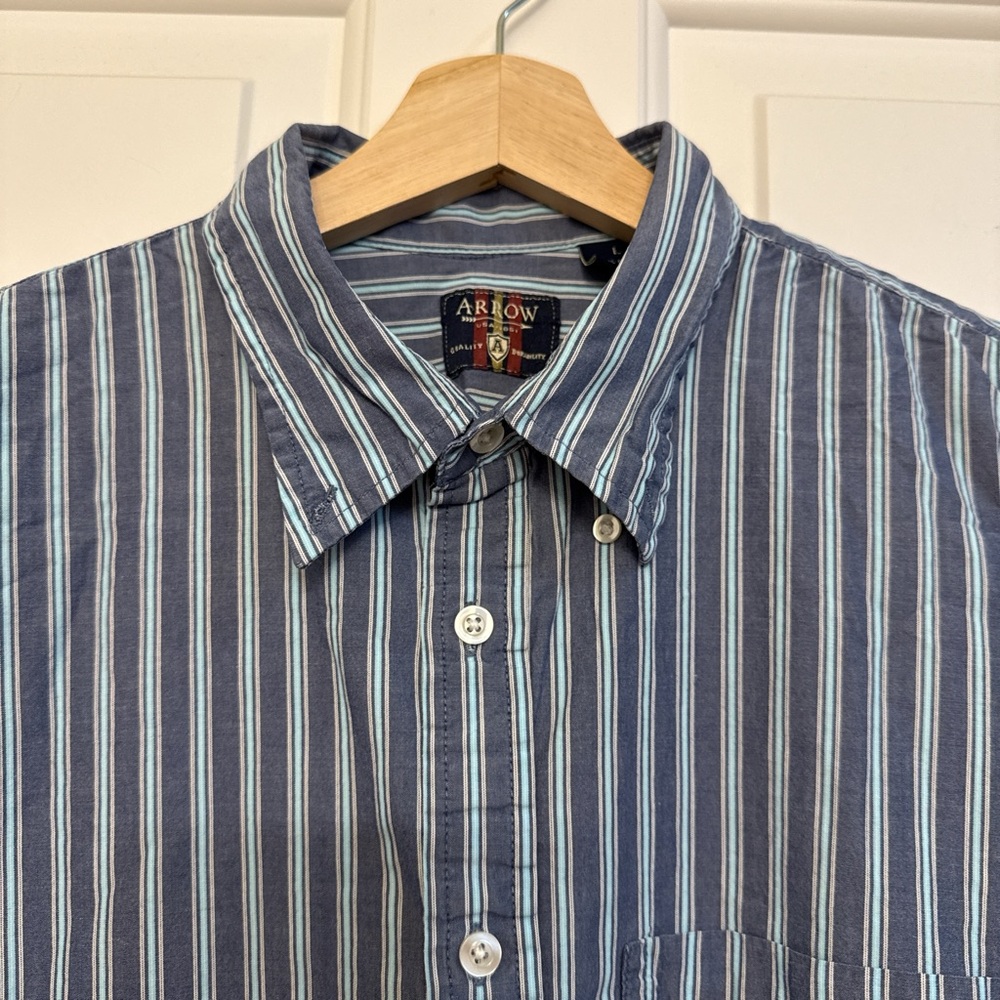 Arrow Men's Navy and White Striped Button Down Shirt